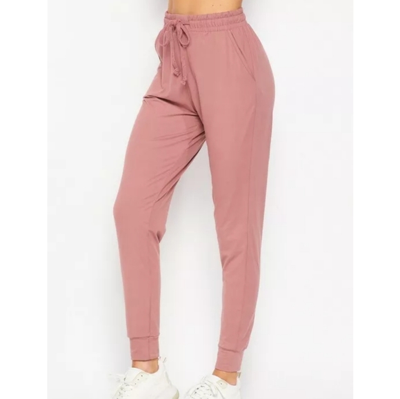 Pink soft leggings sweatpants Solid Casual High Waist Comfy Jogger Pants - Picture 1 of 1